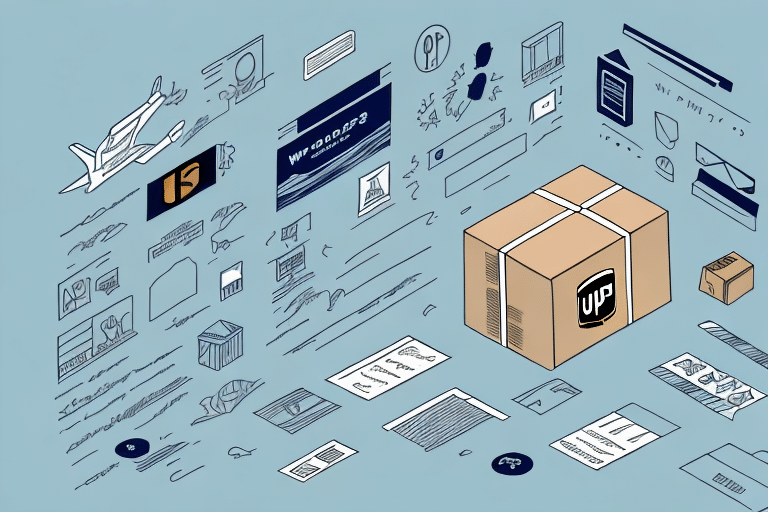 Illustration of a large cardboard package with an UP label on a blue background, surrounded by abstract icons related to shipping—like a plane, scissors, and documents—alluding to the logistics efficiency of UPS Worldship, ensuring seamless account management.