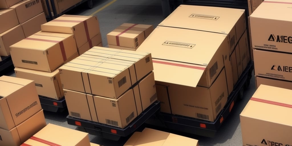 A warehouse floor filled with stacks of cardboard boxes of various sizes, some marked as Dangerous Goods. Many are on pallets, ready for transportation, seamlessly processed through UPS WorldShip. The scene suggests a busy shipping or storage area.