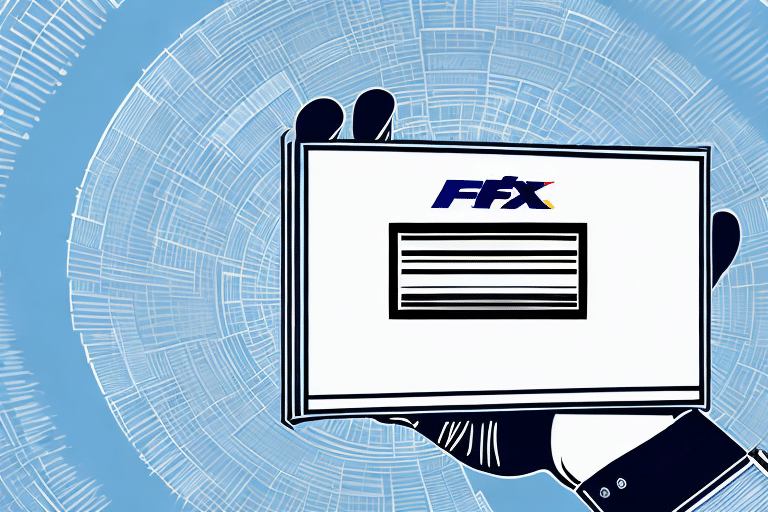A stylized illustration of a hand holding a box labeled FFX, reminiscent of FedExs delivery assurance. The background is composed of concentric circular patterns in shades of blue and white, symbolizing the seamless efficiency akin to using a FedEx Account for smooth shipping management.