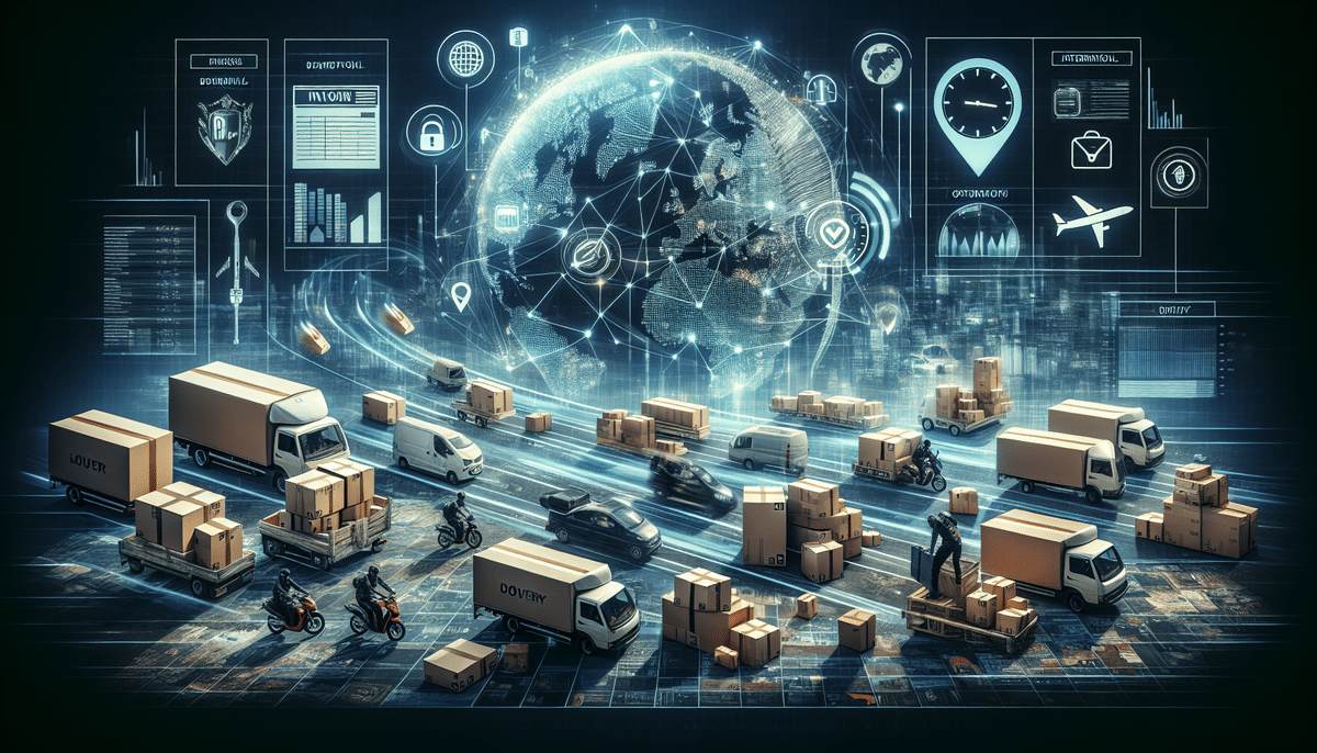 A digital representation of a global logistics network shows trucks, vans, motorcycles, and drones transporting packages with courier services along digital roads. A globe with interconnected nodes symbolizes global connectivity. Data icons and graphs overlay the scene to reflect cost efficiency.