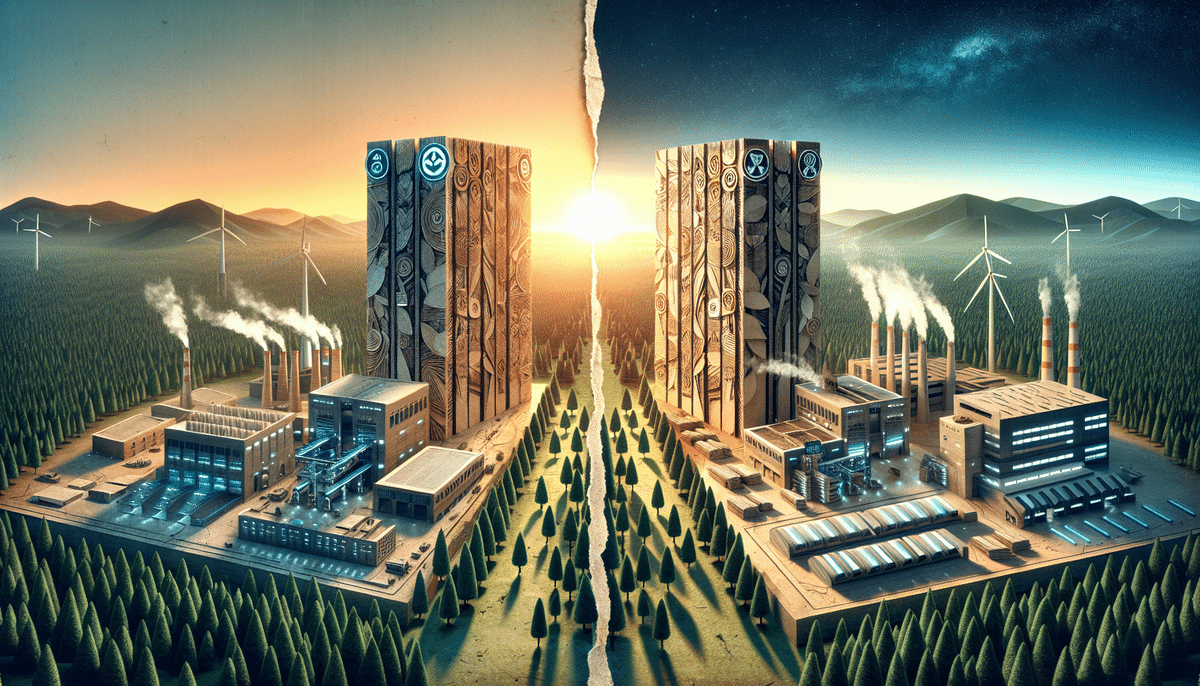 A surreal landscape presents two contrasting factories divided by a crack. One side, representing International Paper, is lush and green with bright sun and clean energy symbols; the other, evoking WestRock, is darker with smokestacks, pollution, and industrial gear symbols. Wind turbines line the horizon.