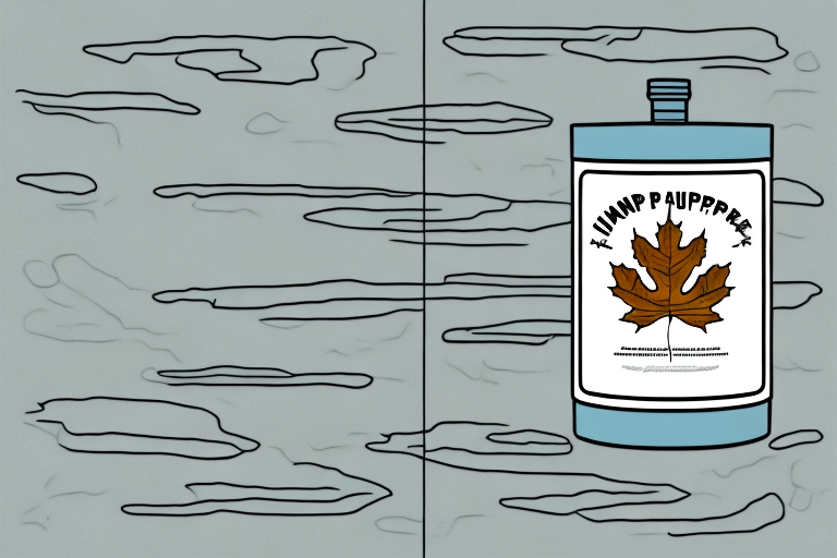 Illustration of a blue bottle featuring a maple leaf and the word MAPLE SYRUP on the label, positioned against a background of gray, stylized clouds.