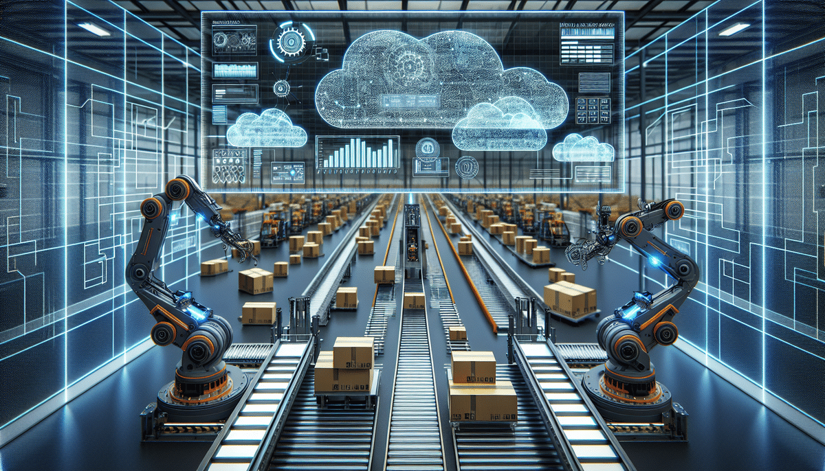 A futuristic warehouse features robotic arms on conveyor belts, seamlessly integrated with SAP Extended Warehouse Management. Above, a digital cloud interface displays various data points and graphs, emphasizing automation and smart technology in logistics.