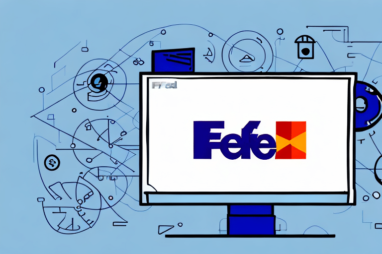 A digital illustration of a computer monitor showcases the stylized word Fefe in blue and red letters, set against a blue background. Abstract geometric shapes and icons, reminiscent of streamlined shipping interfaces like FedEx Ship Manager, are scattered throughout.
.