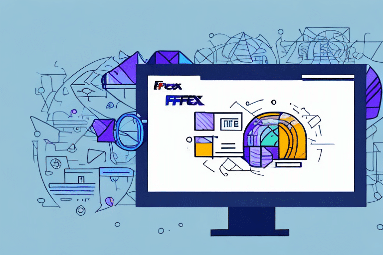 A computer monitor displays a colorful abstract design with logos and geometric shapes, resembling the intuitive interface of a FedEx Ship Manager. The background features a mix of overlapping digital and mechanical elements that suggest technological innovation and creativity.