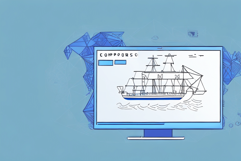 Illustration of a computer screen showcasing a digital drawing of a sailing ship. Amidst abstract geometric shapes on the blue background, the scene subtly nods to navigation, much like the Ship From Address feature in UPS Worldship.