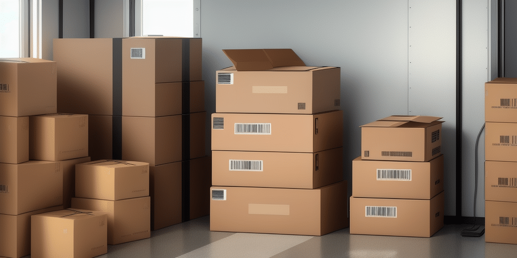 The storage room is lined with cardboard boxes of various sizes, some sealed and one with an open lid, hinting at a recent UPS Worldship installation. Natural light filters through the windows onto the gray floor and metallic walls.