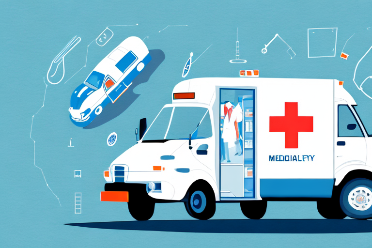Illustration of an ambulance with an open door, showcasing essential medical equipment inside, perfect for those interested in becoming a driver. A large red cross adorns the side, while medical icons and a blueprint-style car design grace the blue canvas background.