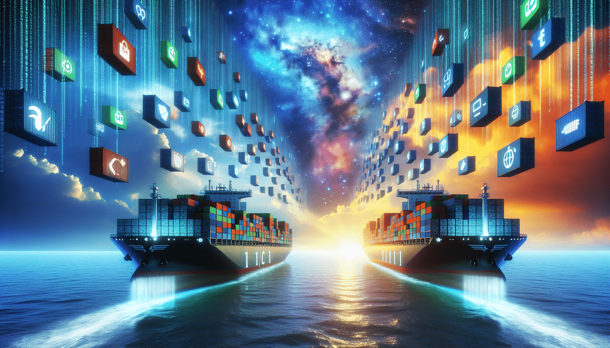Two cargo ships sail towards each other on a digital ocean under a starry sky. Colorful digital icons, reminiscent of UPS WorldShip capabilities, trail from the ships into the sky, symbolizing data globalization and technology integration. The horizon glows with vibrant sunlight.