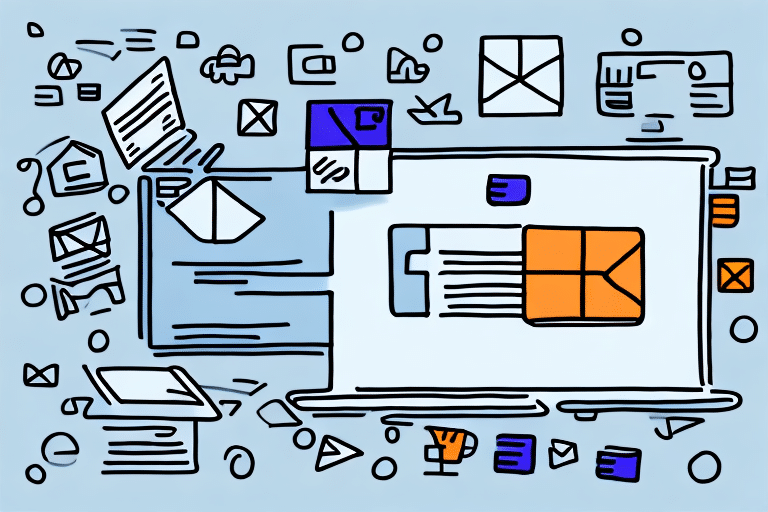 Abstract illustration of various digital icons, such as envelopes, documents, and arrows, reminiscent of the FedEx Ship Manager interface, floating around a central rectangular shape. The color scheme includes blue and orange elements on a light blue background.