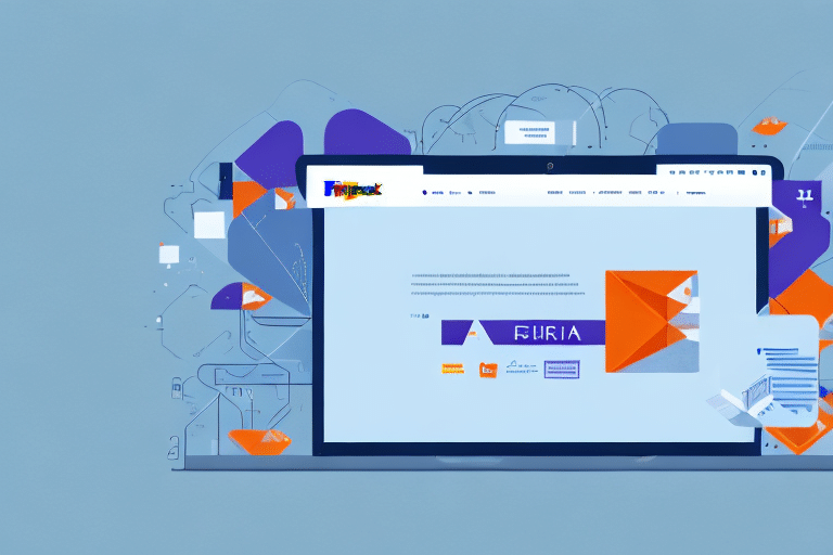 A digital illustration featuring a computer screen displaying a website with geometric shapes and patterns. The backdrop boasts abstract designs in shades of blue, purple, and orange, subtly alluding to the troubleshooting process often required when using systems like FedEx Ship Manager.