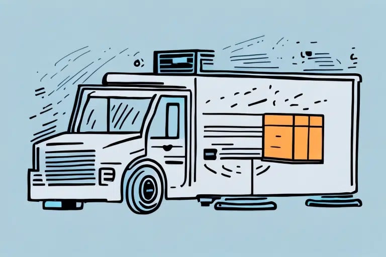Illustration of a food truck with a serving window and a rectangular sign on the side, set against a light blue background. The stylized design features simple lines and motion indicators, much like Streamlined Shipping Solutions enhancing logistics flow.