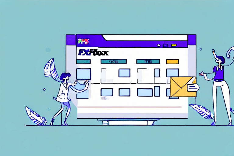 Illustration of two figures interacting with an oversized email inbox on a blue background. One figure holds a giant envelope like those used in FedEx Ship Manager, while the other adjusts elements on the digital interface. Large leaves decorate the scene, adding a touch of nature to the digital world.