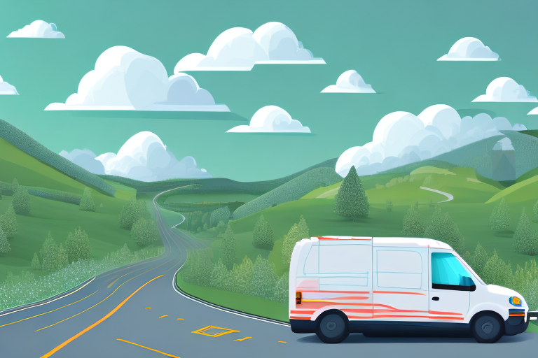 A white delivery van with orange stripes parked on a winding road symbolizes the vast opportunities for couriers. The background, featuring rolling green hills and fluffy clouds against a teal sky, hints at endless possibilities in both local and long-distance courier jobs.