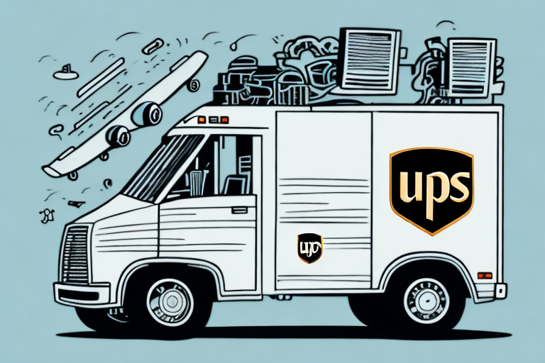 Illustration of a white delivery truck with UPS logos, humorously disassembled into components like wheels and gears. This cartoonish depiction captures the playful chaos often found in troubleshooting UPS WorldShip errors, all set against a light blue background.