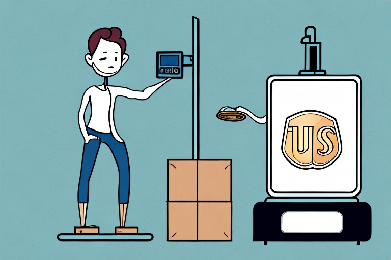 A person stands on a platform next to a scale displaying a monitor, weighing packages at 1 LB. They gaze at a vending machine that dispenses a gold coin with US on it. The scene is cartoonish with a light blue background, capturing the precision of UPS Zone Adjustments.
