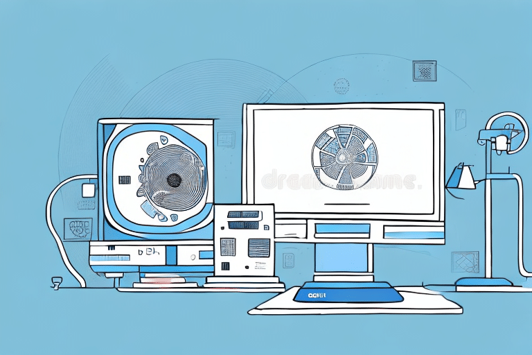 Illustration of a vintage computer setup featuring a CRT monitor, floppy disk drive, and a large fan on the screen. A desk lamp and various drawn elements are included, set against a blue background, reminiscent of an era where connection issues were common.