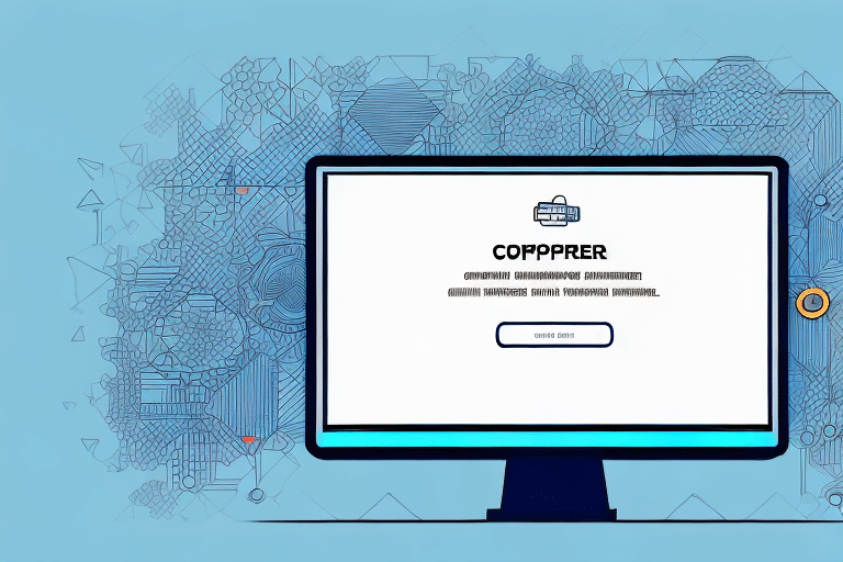 A computer monitor displaying the word COPPPPRER with a button labeled order now on a stylized blue background. The design features geometric patterns and a small icon resembling a delivery truck, evoking the reliability of UPS WorldShip.