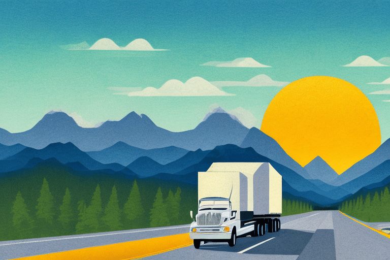 Illustration of a truck driving on a highway with a mountain backdrop, showcasing the understanding of goods in transit. The sun is setting, casting a warm glow over the landscape. The road is lined with evergreen trees, mountains under blue sky with scattered clouds.