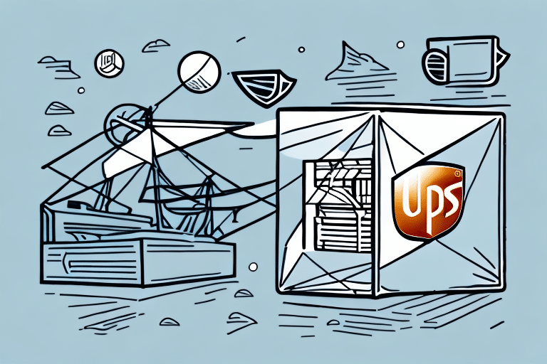 Illustration of a geometric, wireframe package with a UPS logo, surrounded by abstract shapes and satellite dishes on a blue background, reminiscent of the UPS Worldship interface, ready to troubleshoot any error message in style.