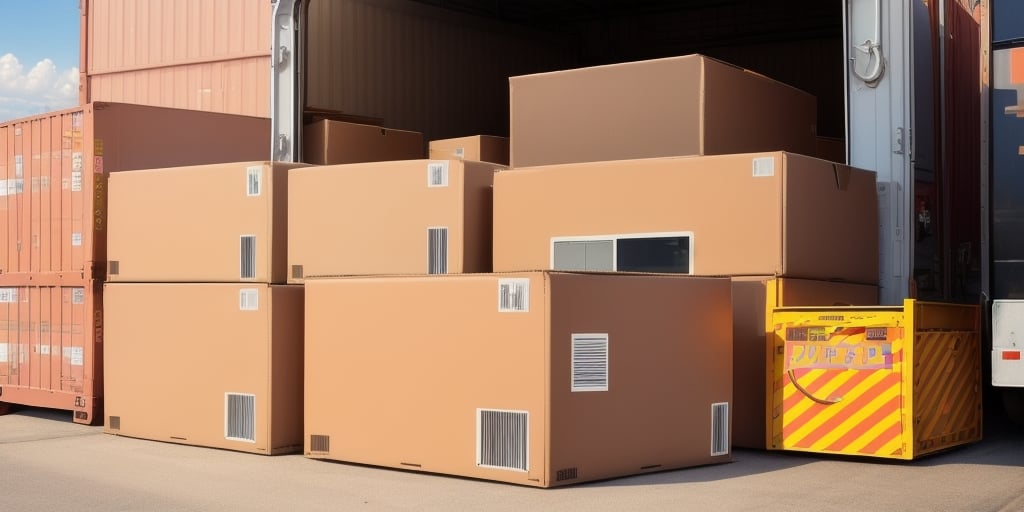 A shipping container with its doors open reveals large, stacked cardboard boxes inside, ready for dispatch. A yellow and red striped container dolly is poised next to the boxes, prepped for transport. Other closed shipping containers are visible in the background, and handling charges have been checked.