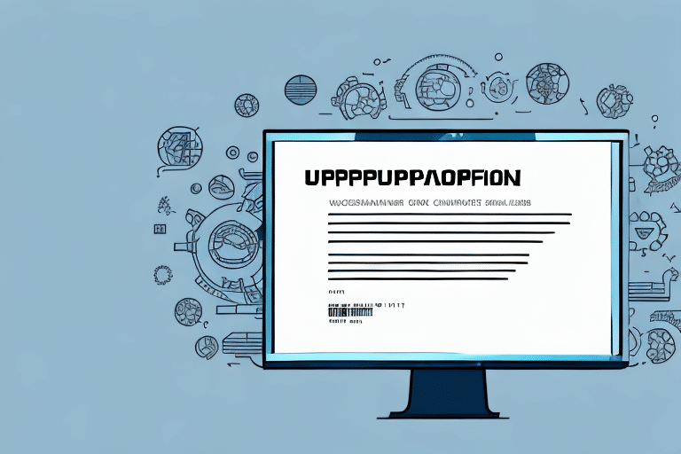 A computer screen displaying an illegible shipment document is surrounded by circular and gear-like graphics, creating a tech-themed design on a blue background. The scene hints at troubleshooting issues within the UPS WorldShip system.