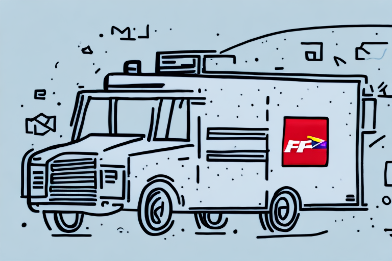 Line drawing of a delivery truck with a logo on the side featuring the letters FF in a red square. The truck, hinting at its partnership with FedEx, is surrounded by abstract shapes, suggesting motion.