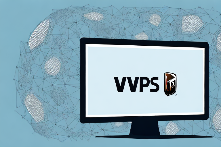 A computer monitor displaying the text VVPS and a logo on a blue background is enveloped by abstract geometric network patterns. The scene resembles an extended area workspace, hinting at seamless connectivity akin to UPS WorldShip efficiency.