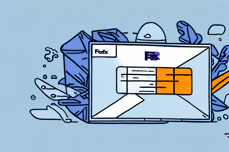 An illustration of a FedEx logo portrayed as a digital package on a laptop screen, integrated with the FedEx Ship Manager. The background features abstract shapes and lines, evoking movement and delivery efficiency.