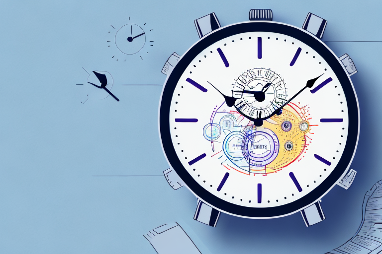 Illustration of a large clock face, its colorful gears and mechanisms turning with precision, set against a light blue background. Hour and minute hands promise timely deliveries, while smaller clocks hint at FedEx tips to avoid late fees lurking in the background.