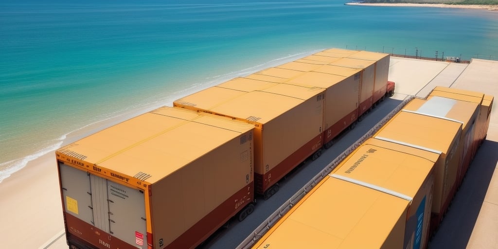 A row of orange shipping containers on a sandy beach near the turquoise ocean water under a clear blue sky evokes the efficiency of UPS WorldShip, perfectly aligning the meeting of land and sea with seamless logistics that mirror natures own precision.
