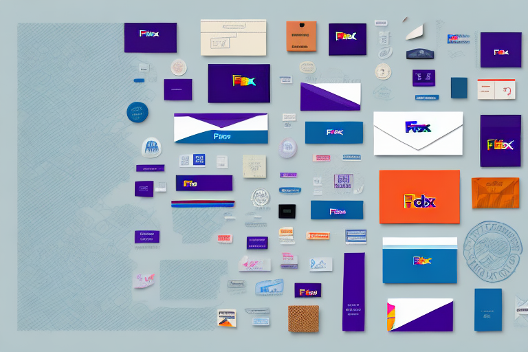 A collection of FedEx logos and branding materials, showcasing various designs and color schemes on envelopes, business cards, and labels, is artfully laid out on a light blue background. This display also subtly hints at package pricing strategies integral to the brands identity.