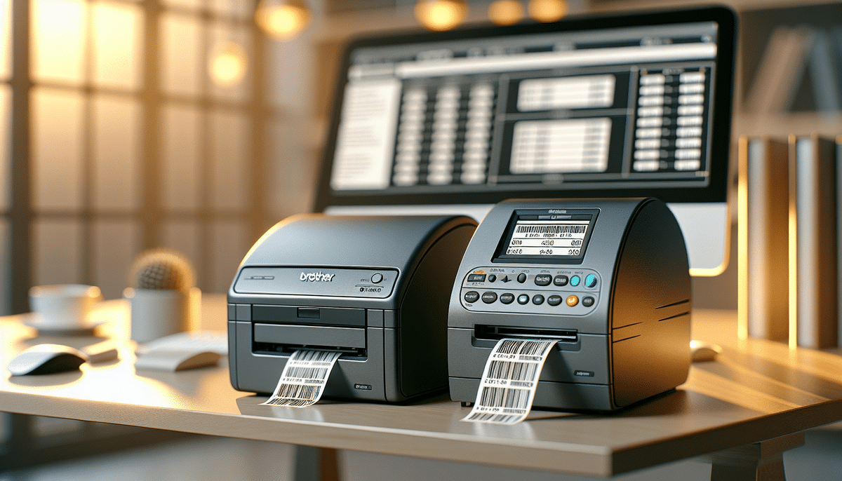 Two label printers, a Brother QL-1100 and a DYMO LabelWriter 450 Turbo, sit on a wooden desk in an office. Each is efficiently producing barcode labels. In the background, a computer with a spreadsheet glows softly in the warm light streaming through the nearby window.