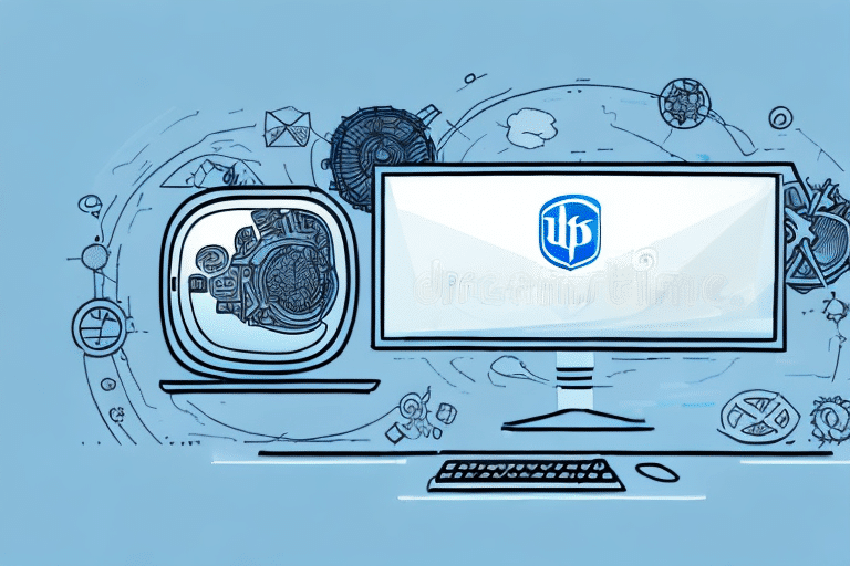 Illustration of a computer with a blue screen displaying a blue icon resembling a W. Nearby, various tech-related doodles like gears and abstract shapes represent the seamless communication of systems, all set against a light blue background.