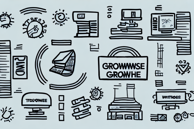 A digital illustration featuring abstract shapes resembling computer components, circuit boards, and technology symbols. Various text elements and geometric designs suggest business growth, creating a modern, tech-inspired composition.