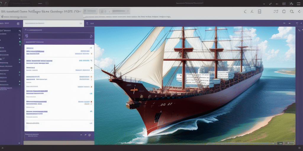 A digital illustration of an office interface overlaid on a large sailing ship at sea. The vessel, with a red hull and multiple sails, cruises near the coastline. In the foreground, Windows panels and glimpses of FedEx Ship Manager are partially visible amidst this maritime scene.