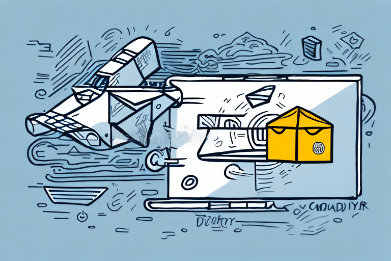 A whimsical illustration showcases a large paper airplane soaring in the sky, symbolizing the fast shipping of todays landscape. Casting a playful shadow on abstract designs, its joined by a yellow envelope with a circular stamp. The light blue backdrop is adorned with scattered lines and shapes.