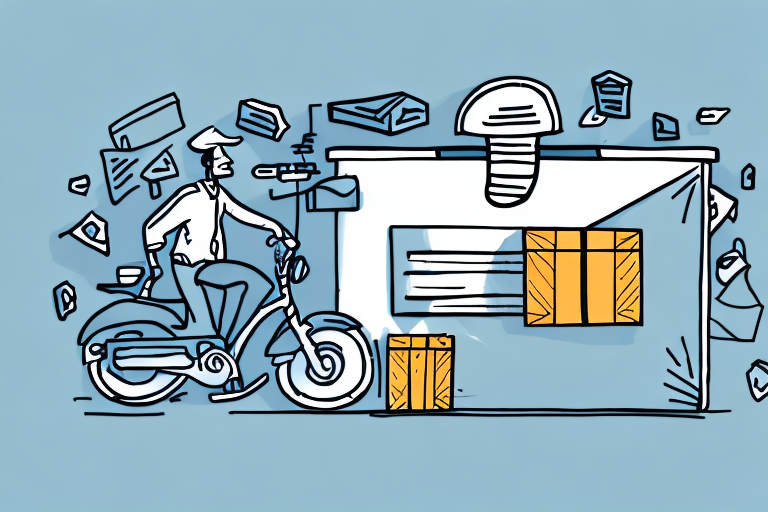 Illustration of a delivery person exploring new routes on a scooter near a building, with large packages and envelopes floating around, symbolizing mail and package delivery. The background is light blue, with the packages highlighted in orange and yellow, capturing the benefits of courier employment.