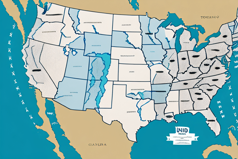A stylized map of the United States in shades of blue and beige highlights UPS shipping routes. States are outlined and labeled, with various shaded regions. Water bodies and Canada are depicted, showcasing potential UPS Contiguous U.S. to Canada fees. A decorative label reads UNO at the bottom.