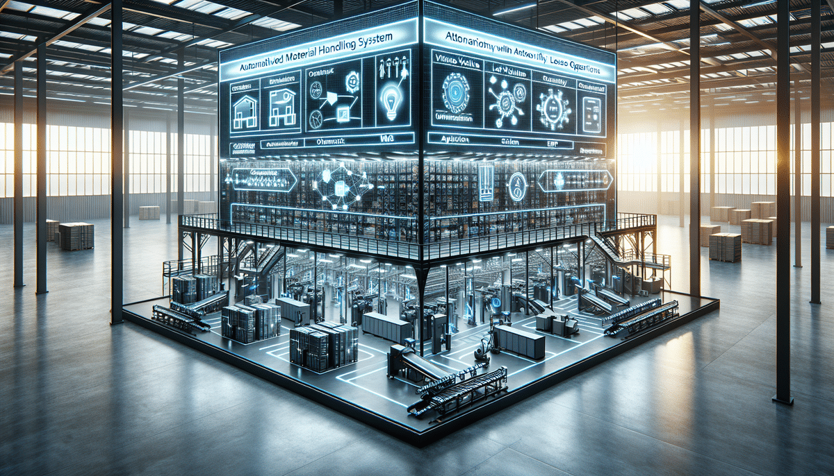 A futuristic warehouse with advanced automation by Dematic features conveyor belts, robotic arms, and digital screens displaying data and graphics. The space is bathed in soft, natural light streaming through large windows, creating an efficient yet serene work environment.