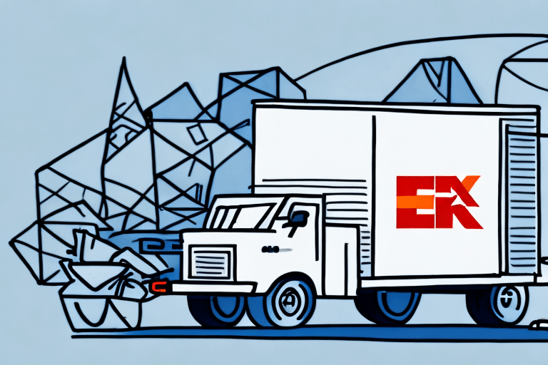 Illustration of a delivery truck with a large logo and the letters EX on its side, reminiscent of the seamless process in FedEx Ship Manager. The truck is set against stylized geometric mountains, featuring blue and gray tones, capturing the essence of an efficient end-of-day journey.