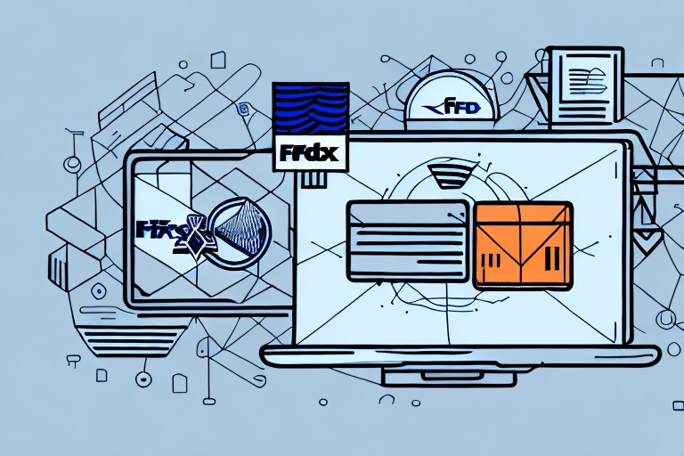 The illustration showcases a laptop displaying an envelope and a package, with FedEx Ship Manager subtly integrated into the tech-inspired design. Geometric shapes and FedEx logos populate the background, echoing a seamless blend of modernity and efficiency in ship history.