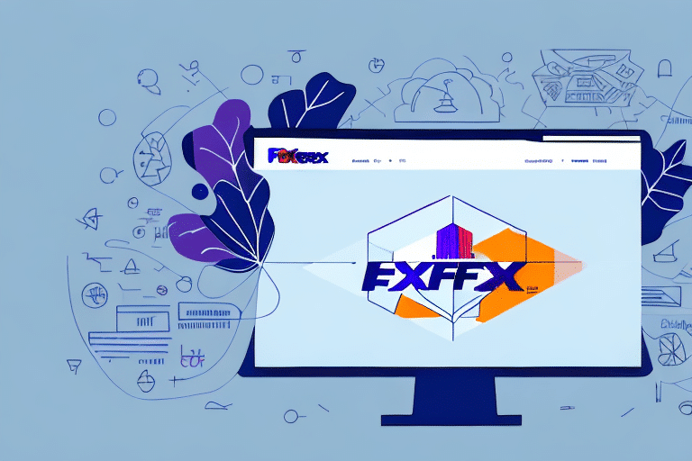 Illustration of a computer monitor displaying a website with the name FoxFX and a geometric logo. Surrounding the monitor are abstract shapes, sketches, and digital elements against a blue background, reminiscent of navigating FedEx Ship Manager to learn how to print packing slips.