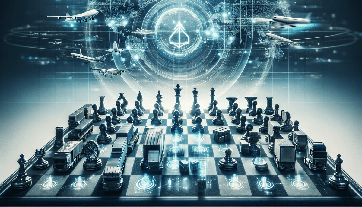 In a futuristic chessboard, pieces resembling shipping containers and aircraft parts are set in a digital world map interface akin to Flexport. It illustrates global logistics as airplanes and ships, like ShipMonks fleet, navigate through air and sea above the board.