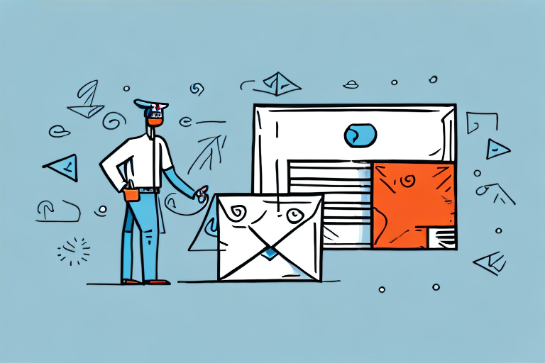 A person stands next to oversized envelopes and a large email icon. The blue background with abstract shapes hints at communication, while the scene subtly suggests thoughtful consideration of delivery exceptions for recipients.
