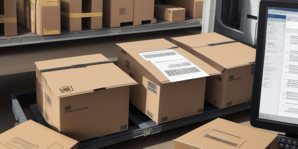 Several cardboard boxes with shipping labels are stacked on a shelf or pallet, next to a computer monitor displaying an email interface. The setting, likely a warehouse or shipping area, hints at potential UPS Worldship printing issues.