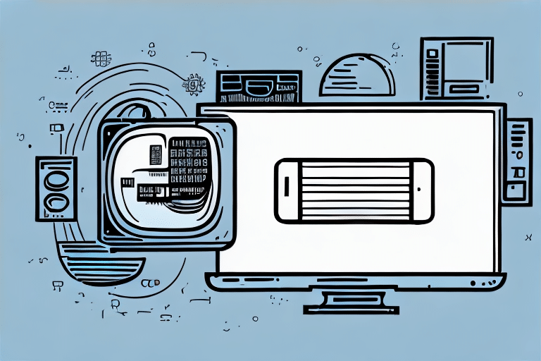 Illustration of a desktop computer displaying a smartphone icon on its screen, surrounded by abstract doodles of tech symbols and multiple computers on a light blue background.