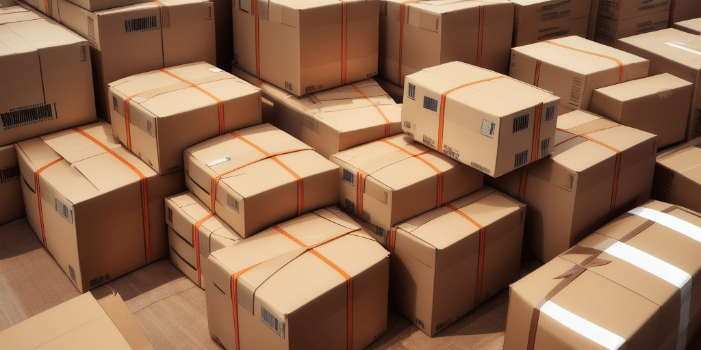A large stack of cardboard boxes of various sizes, some sealed with orange packing straps, arranged on a wooden floor. The boxes are closely packed together, creating the kind of organized chaos youd find in an UPS WorldShip-ready warehouse.