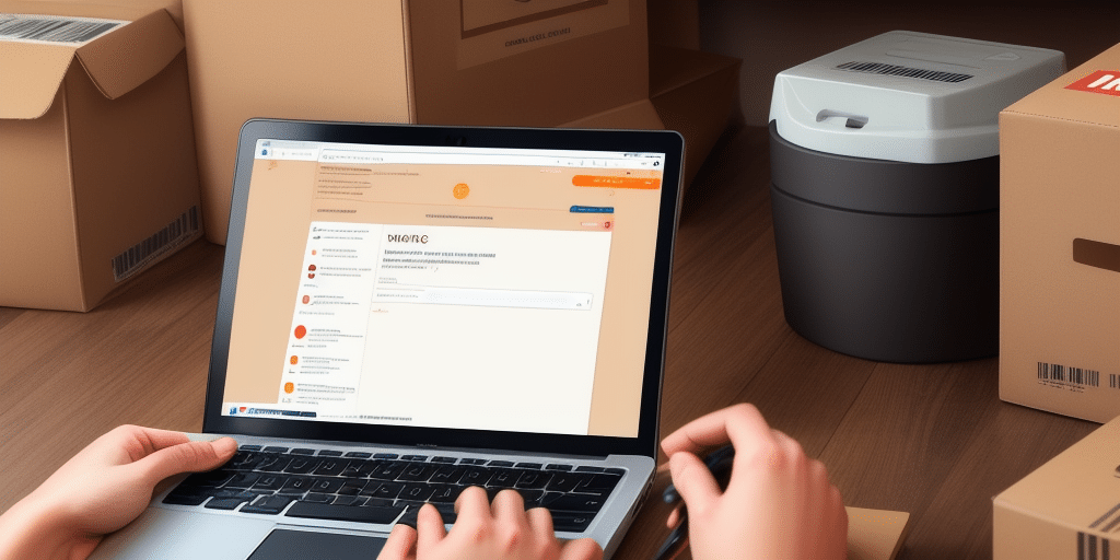 A person uses a laptop on a desk surrounded by cardboard boxes, with the screen displaying an online platform featuring orange and white elements. Amidst moving or unpacking activities, they check an email notification. A trash bin is visible in the background, hinting at the end of the day tasks.