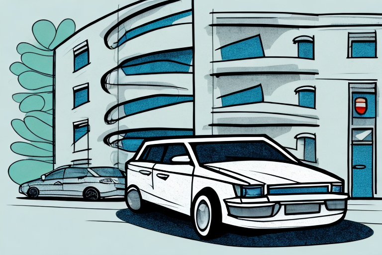 Illustration of a sleek white car in the foreground, ready for pickup and drop-off services, parked on a street with a modern multi-story building in the background. Another car is parked nearby. The scene features simplified geometric lines and shades of blue and gray.